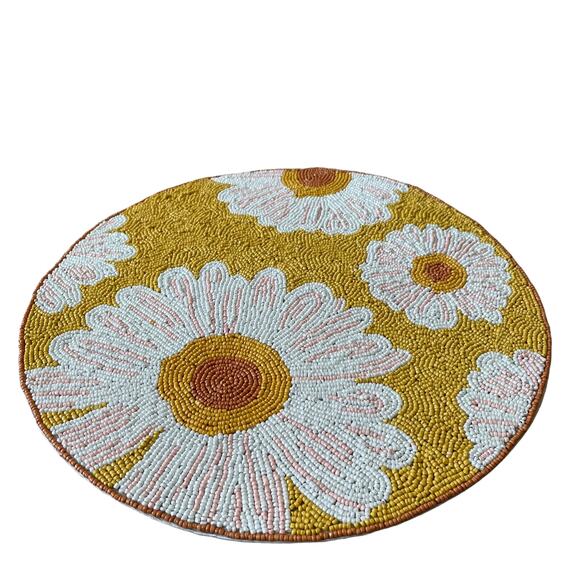 RACHEL ZOE Glass Hand Beaded Charger Placemat Bright Yellow & White Floral NEW - Picture 3 of 11
